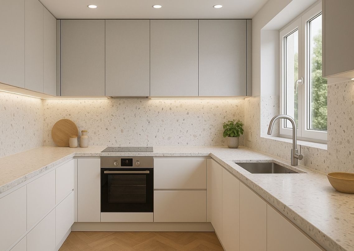 Green kitchen with terrazzo backsplash and marble counters - Beautiful Homes