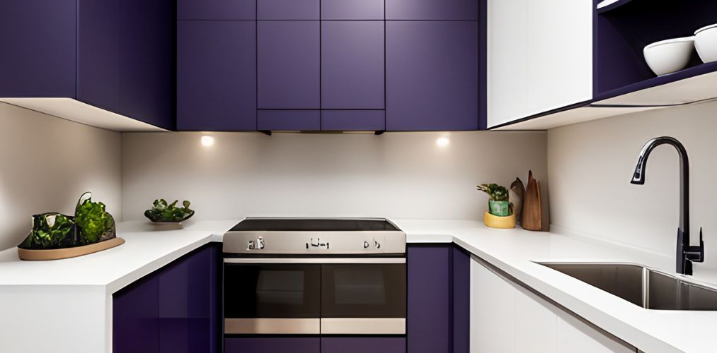 U shaped kitchen design with purple modular cabinets-Beautiful Homes