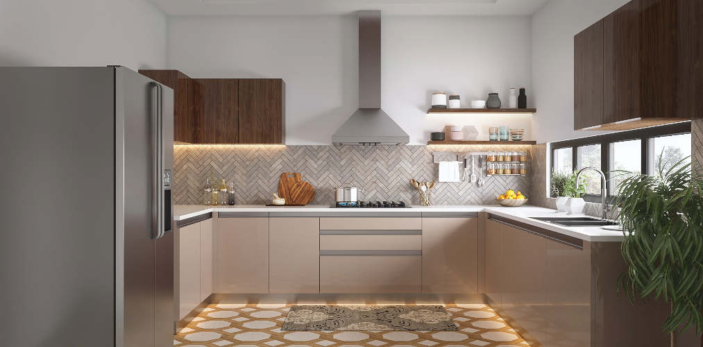 U shaped kitchen design with herringbone backsplash, beige kitchen cabinets & wooden ceiling-Beautiful Homes