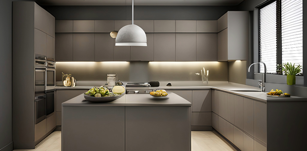 U shaped kitchen design with modern grey kitchen cabinets-Beautiful Homes