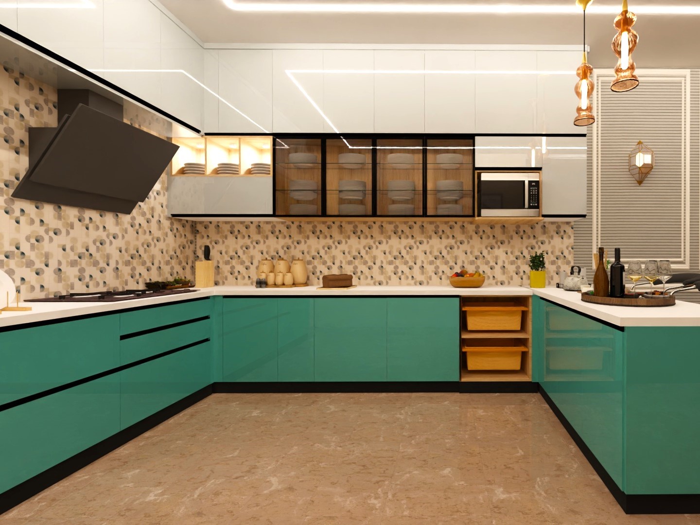 U-shaped kitchen with pastel cabinets and marble counters - Beautiful Homes