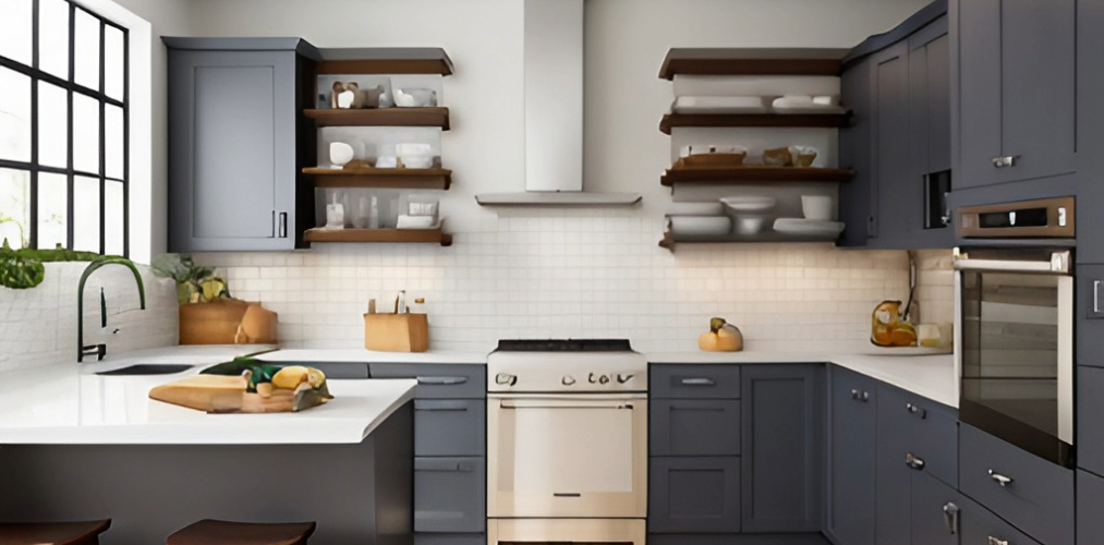 Kitchen design with wall mounted shelves and white backsplash tiles-Beautiful Homes