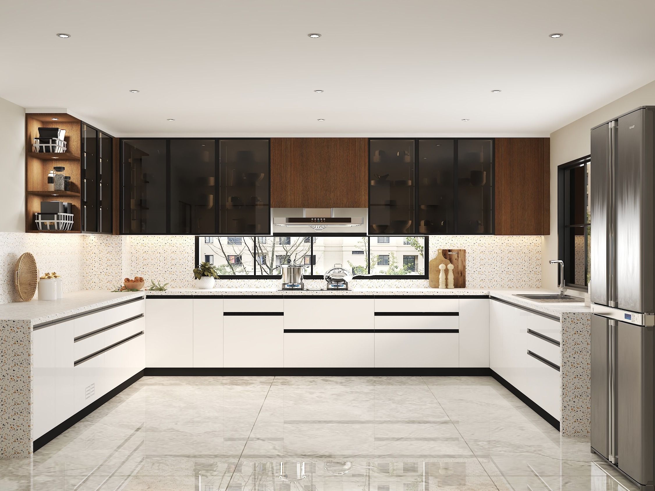 Contemporary U-shaped kitchen featuring terrazzo countertops and glass cabinets - Beautiful Homes