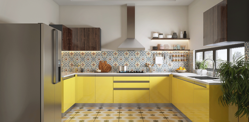 U-Shaped Kitchen Design with Yellow and White Kitchen, Wooden Wall Cabinets, and Kitchen Floor Tiles-Beautiful Homes