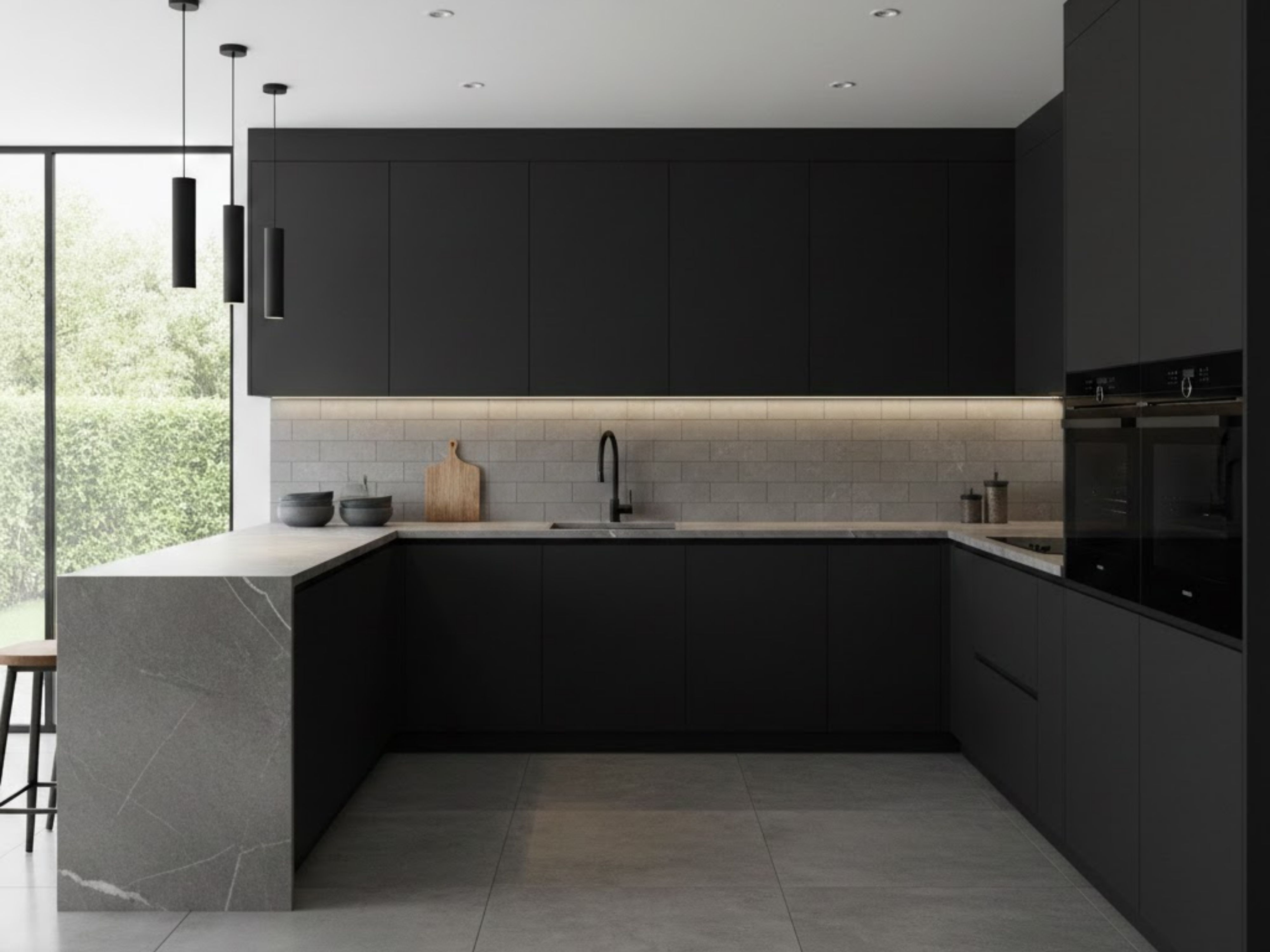 Modern black kitchen with marble countertops and lighting - Beautiful Homes