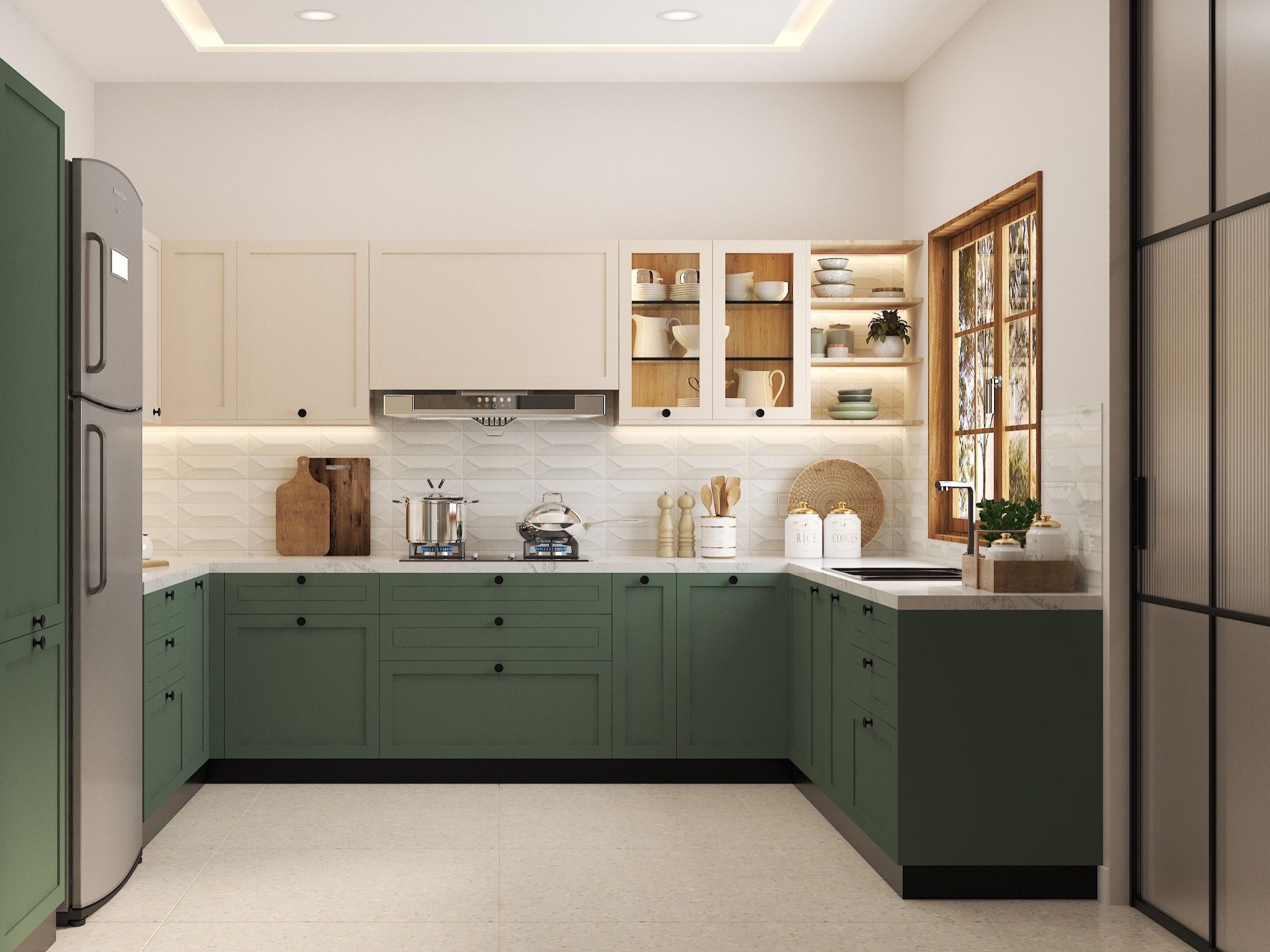 Bright U-shaped kitchen featuring cream and green cabinets, geometric backsplash, and stainless steel appliances - Beautiful Homes