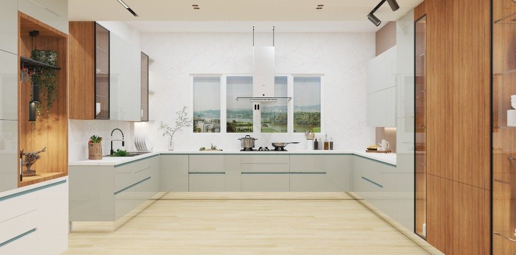 U shaped kitchen with grey modular drawers and light wooden flooring-Beautiful Homes