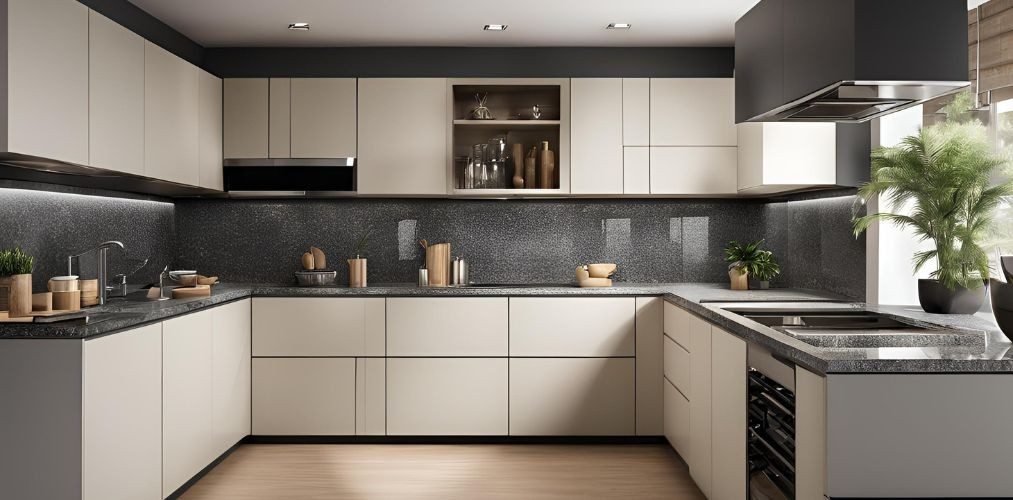 U-shaped kitchen with light grey cabinets and granite countertop - Beautiful Homes