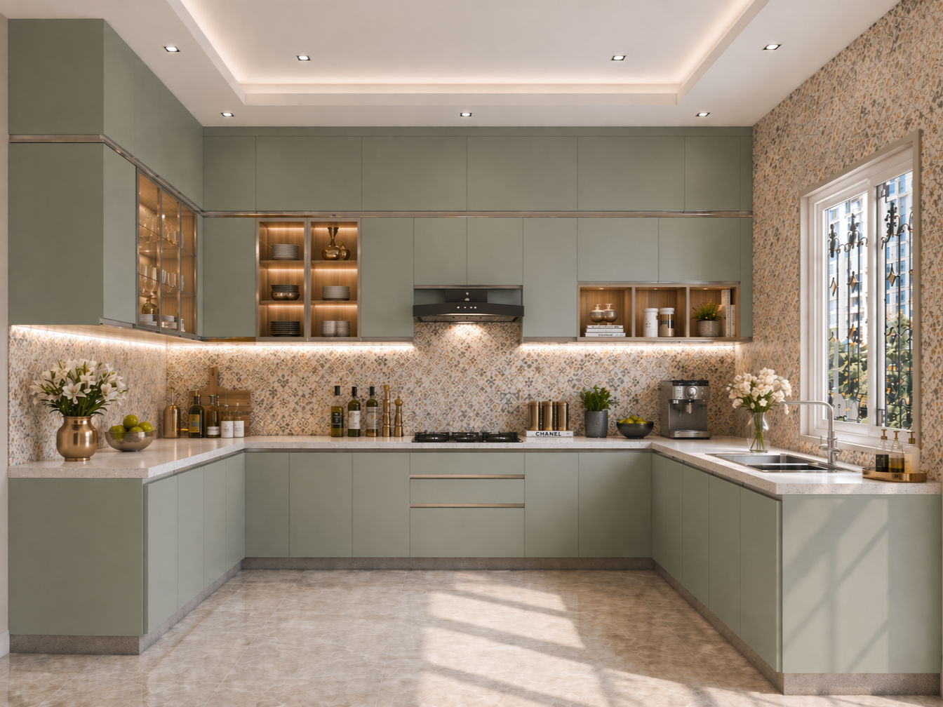 U-shaped modular kitchen with sage green handleless cabinets, white stone countertops, and beige patterned mosaic backsplash - Beautiful Homes