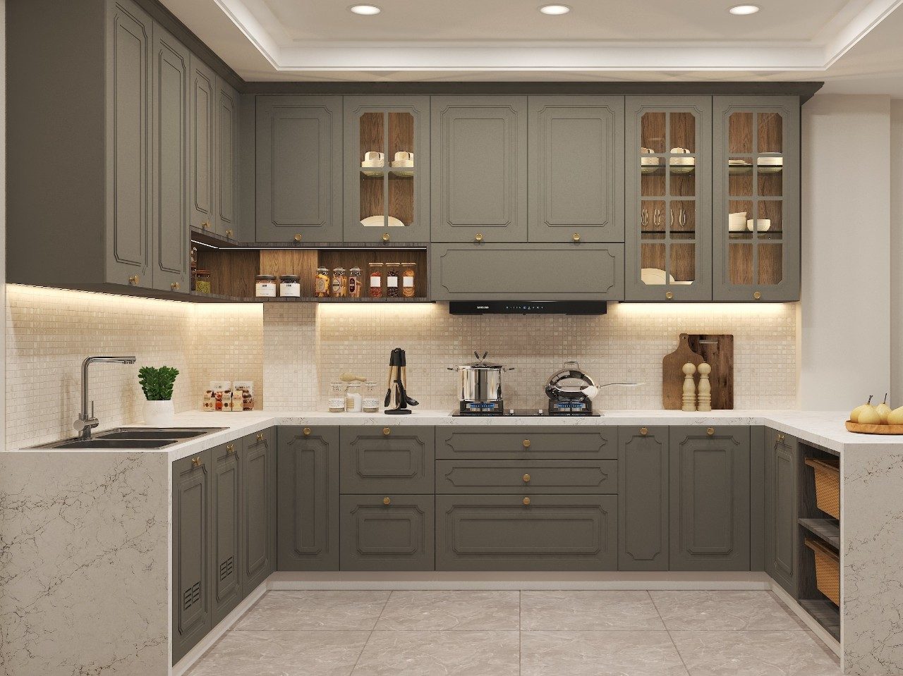 U-shaped kitchen with olive green cabinets and mosaic tile backsplash - Beautiful Homes
