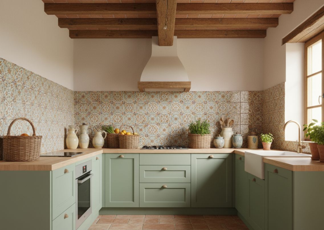 Rustic kitchen with green cabinets and wooden accents - Beautiful Homes