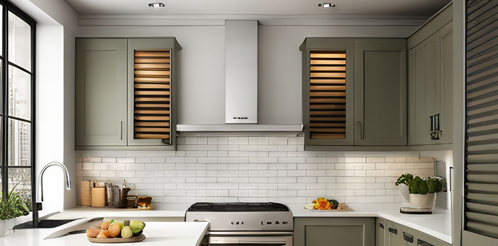 U shaped kitchen design with olive green shutter storage-Beautiful Homes