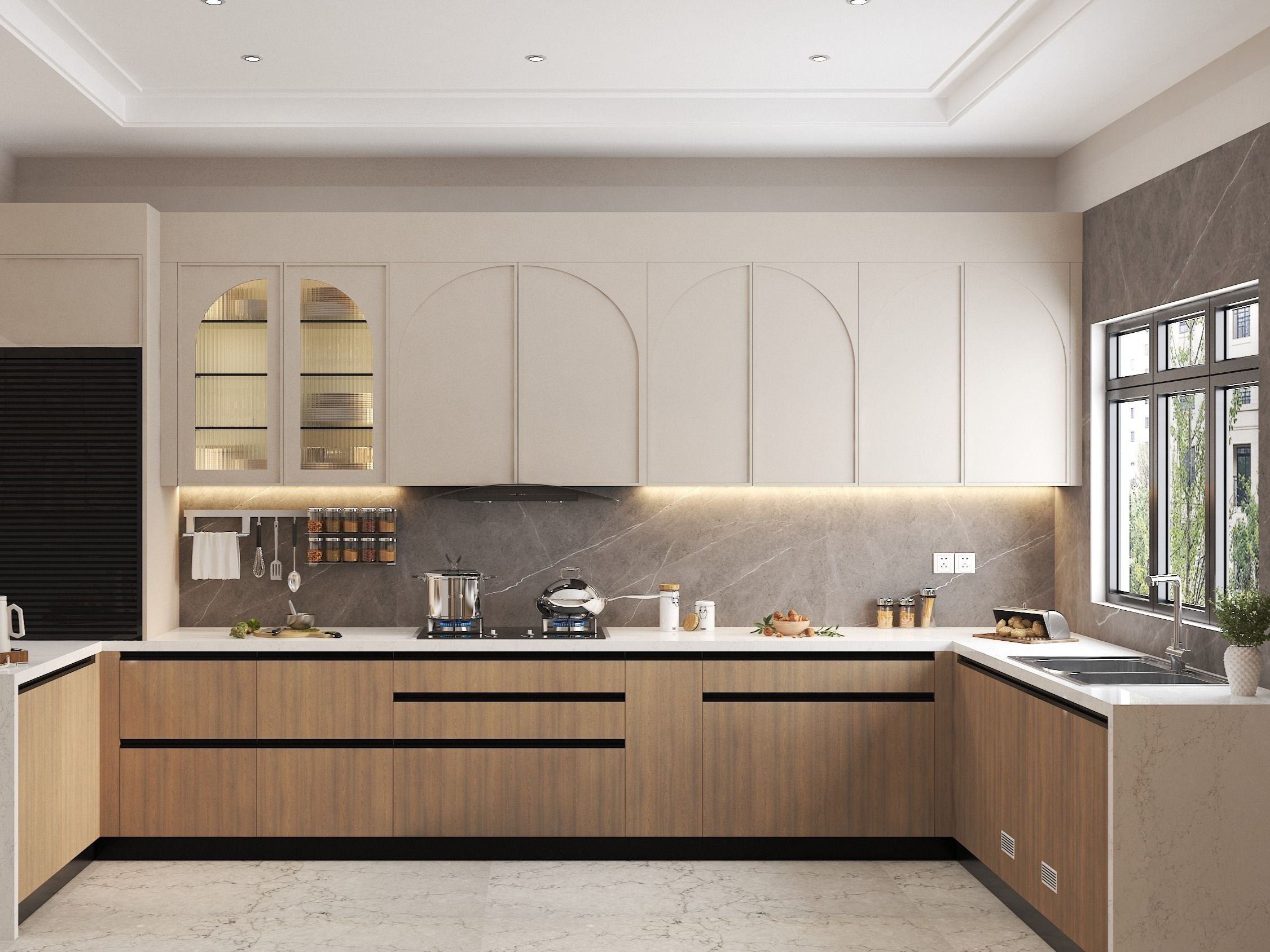 Contemporary U-shaped kitchen featuring arched cabinets, wooden accents, and a marble backsplash - Beautiful Homes