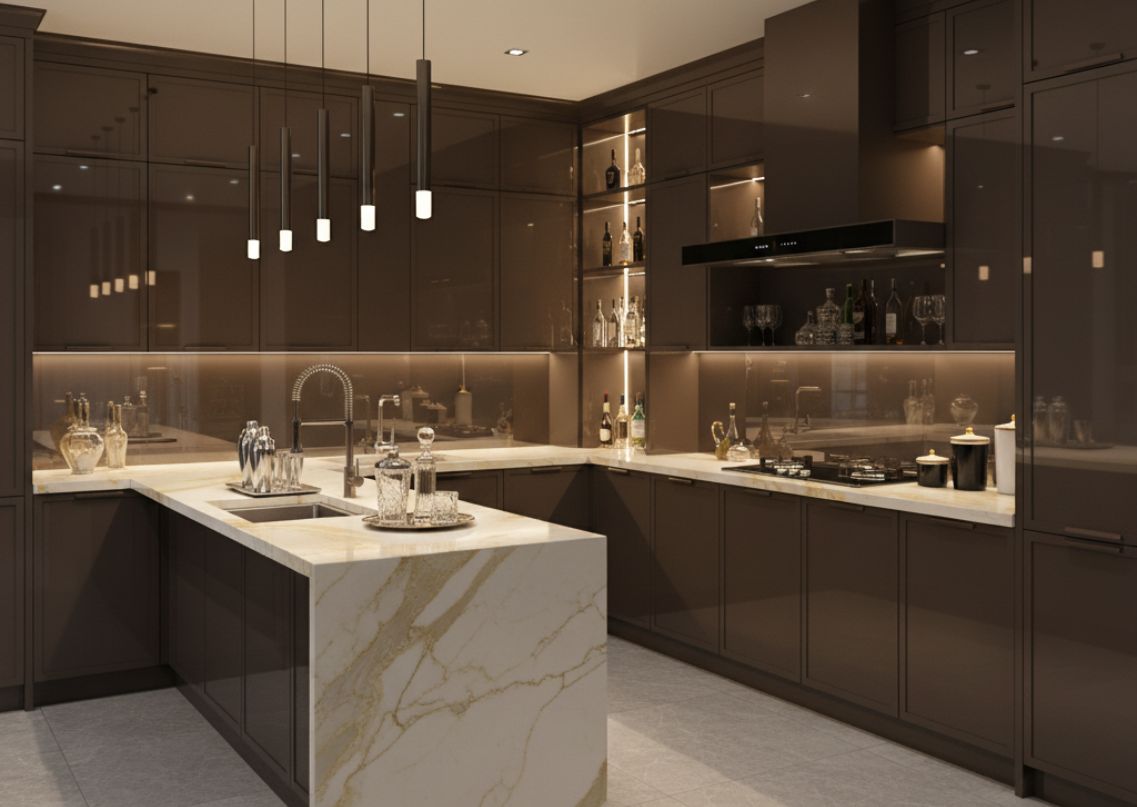 Modern kitchen with brown cabinets and marble island - Beautiful Homes