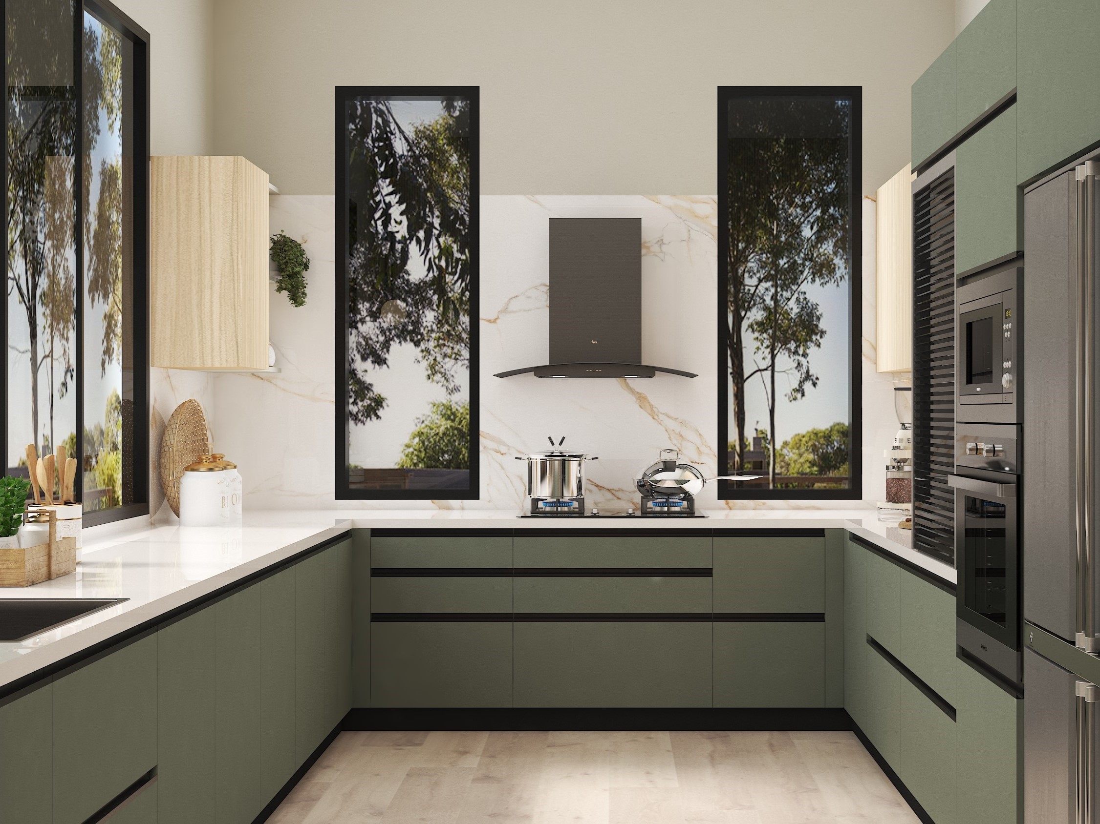 Modern kitchen with green cabinets and marble backsplash - Beautiful Homes