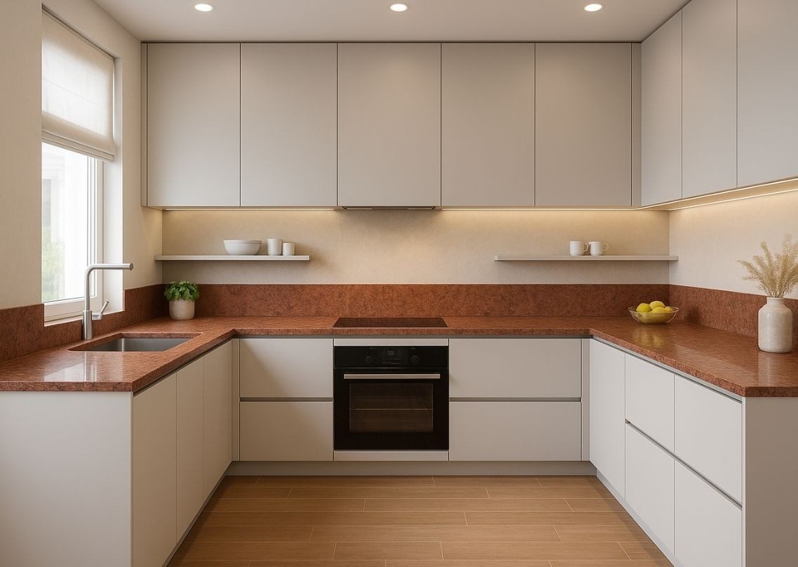 Modern L shaped kitchen with red countertops - Beautiful Homes