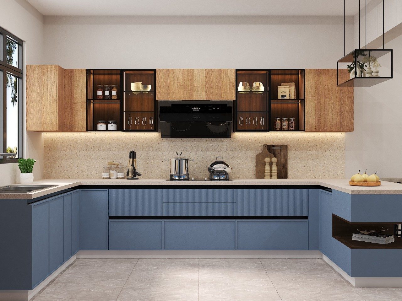 Contemporary kitchen with wood cabinets and blue tones - Beautiful Homes