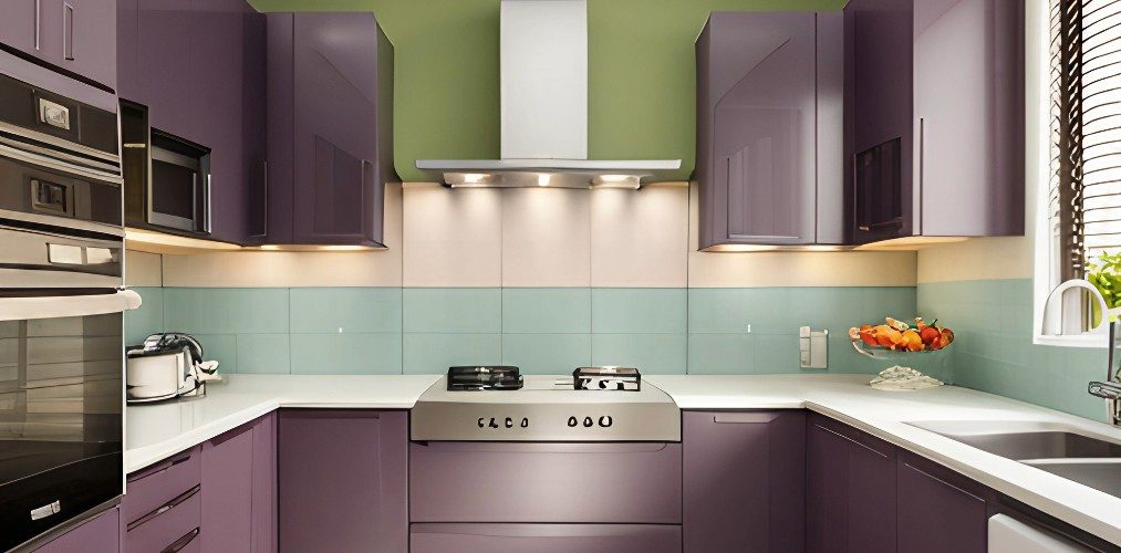 U shaped modular kitchen with pastel dado tiles and plum kitchen cabinets-Beautiful Homes