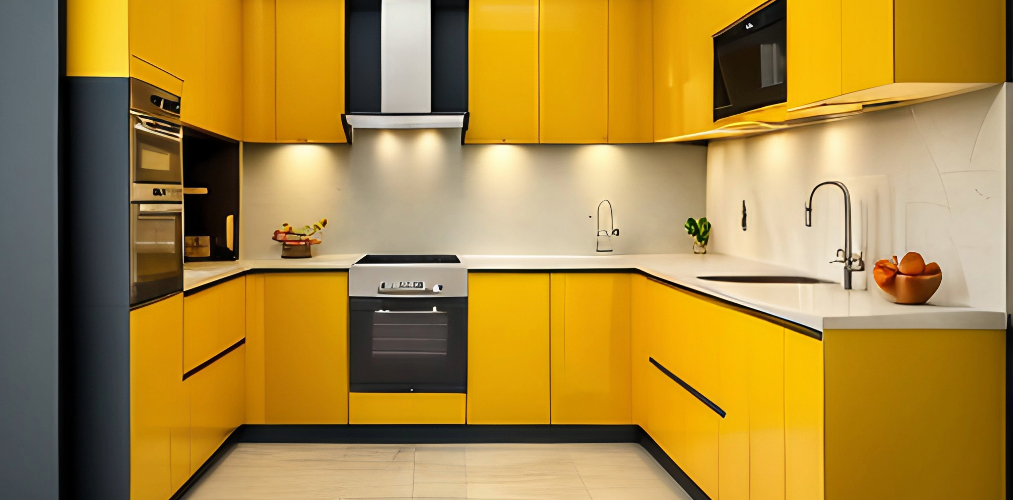 U-shaped modular kitchen with yellow matte finish cabinets and white countertop-Beautiful Homes