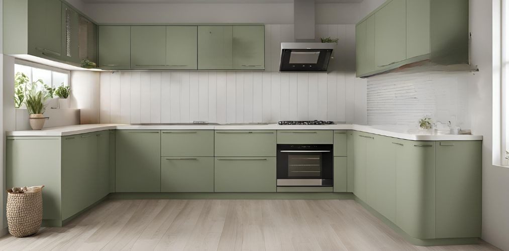 U-shaped sage green modular kitchen with wooden flooring - Beautiful Homes