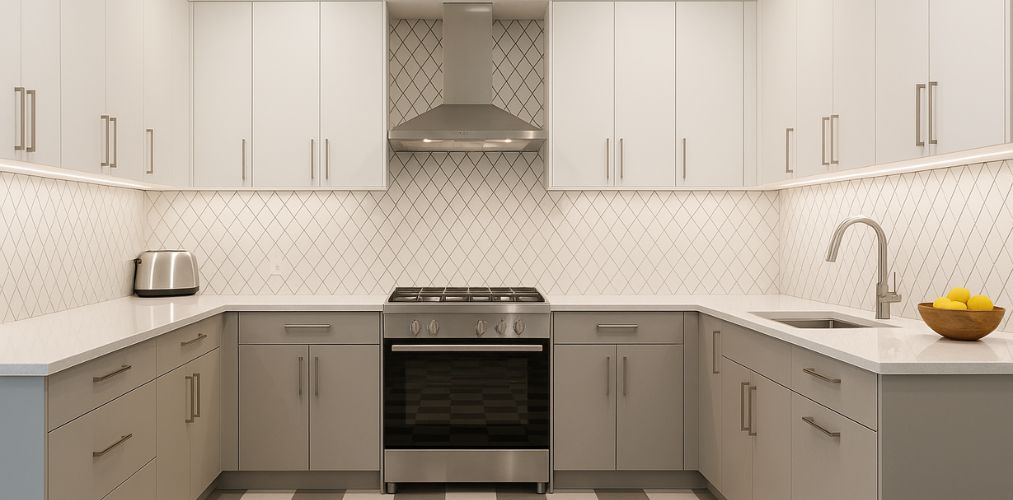 Elegant kitchen with grey cabinets and marble counters - Beautiful Homes