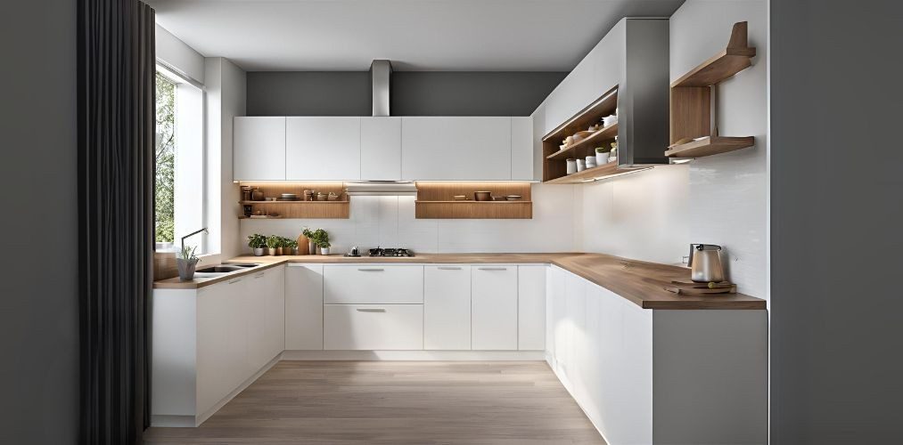 U-shaped white modern kitchen with open shelves - Beautiful Homes