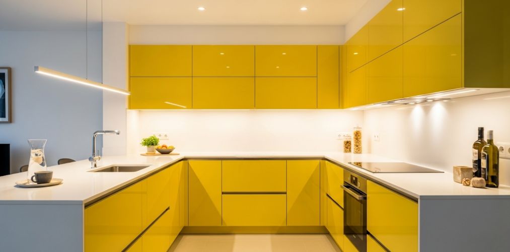 Modern kitchen with yellow cabinets and marble top - Beautiful Homes