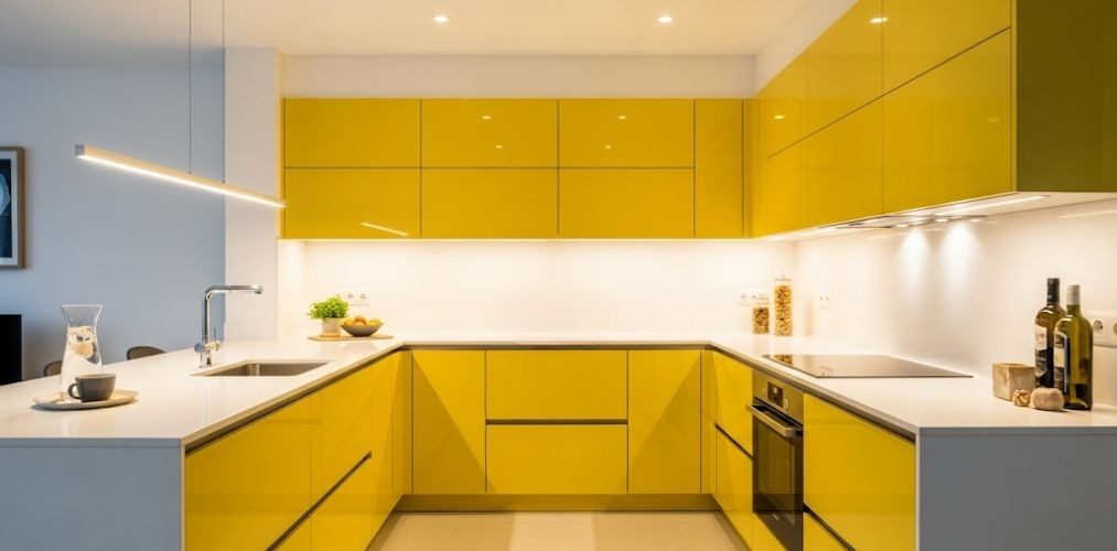 Modern kitchen with yellow cabinets and marble top - Beautiful Homes