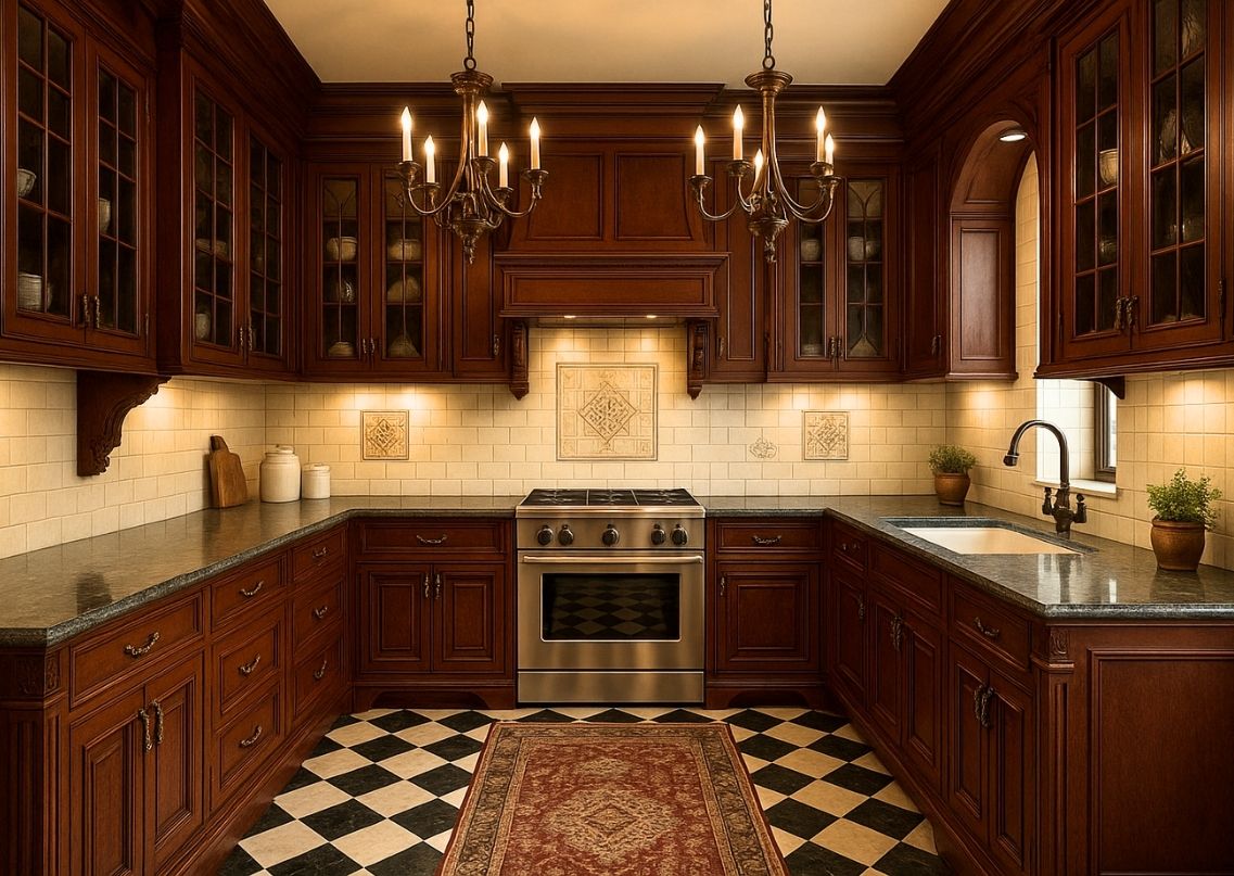 Elegant wooden kitchen with chandelier lighting - Beautiful Homes