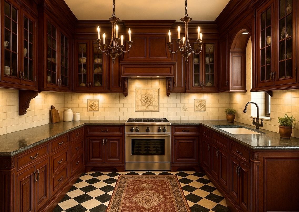 Elegant wooden kitchen with chandelier lighting - Beautiful Homes