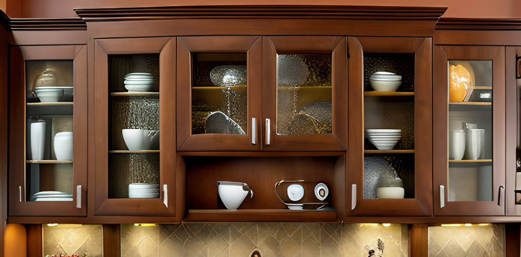 Wooden glass-fronted cabinets for traditional kitchen