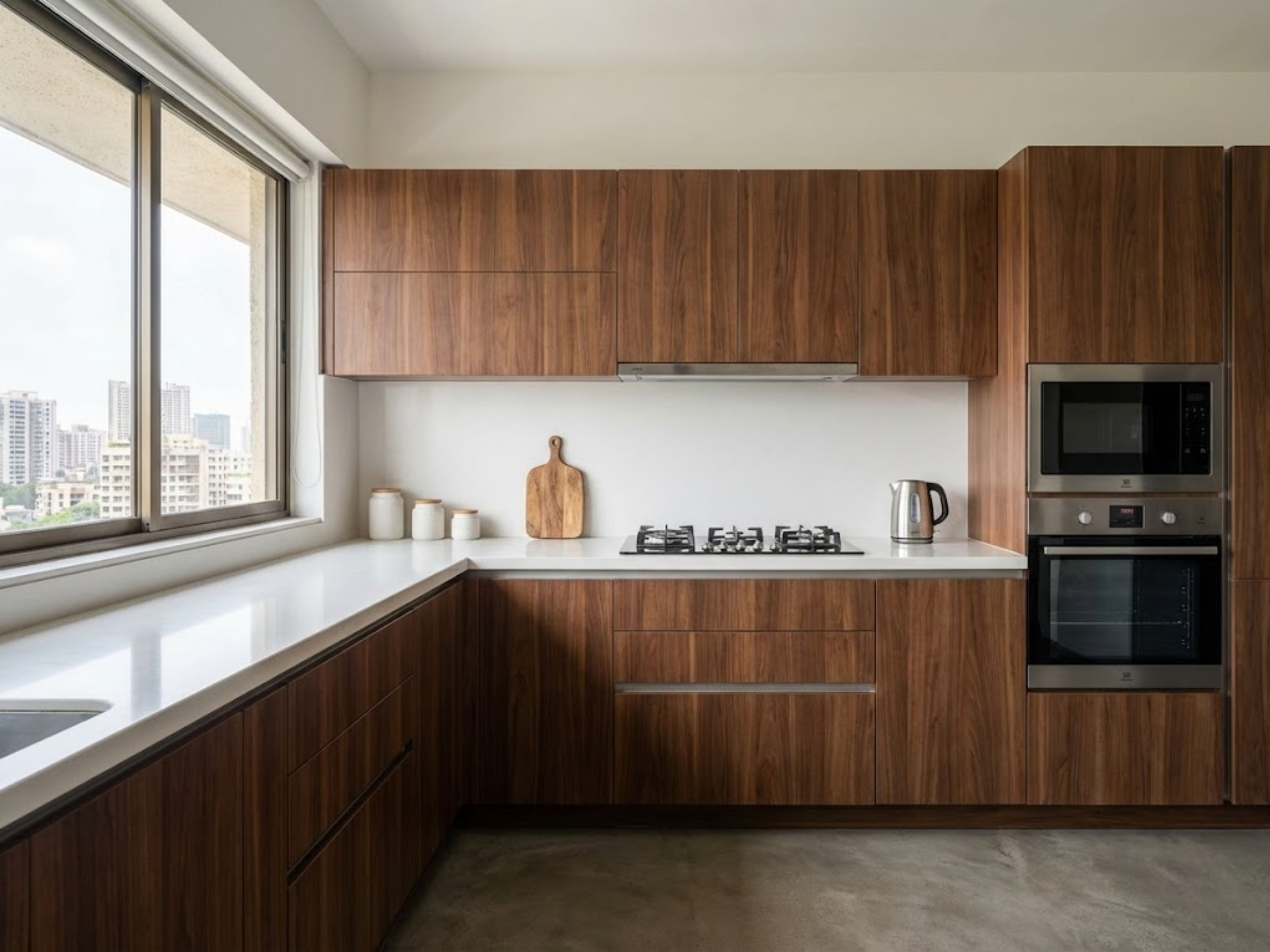 L shaped kitchen with wooden cabinets and window - Beautiful Homes
