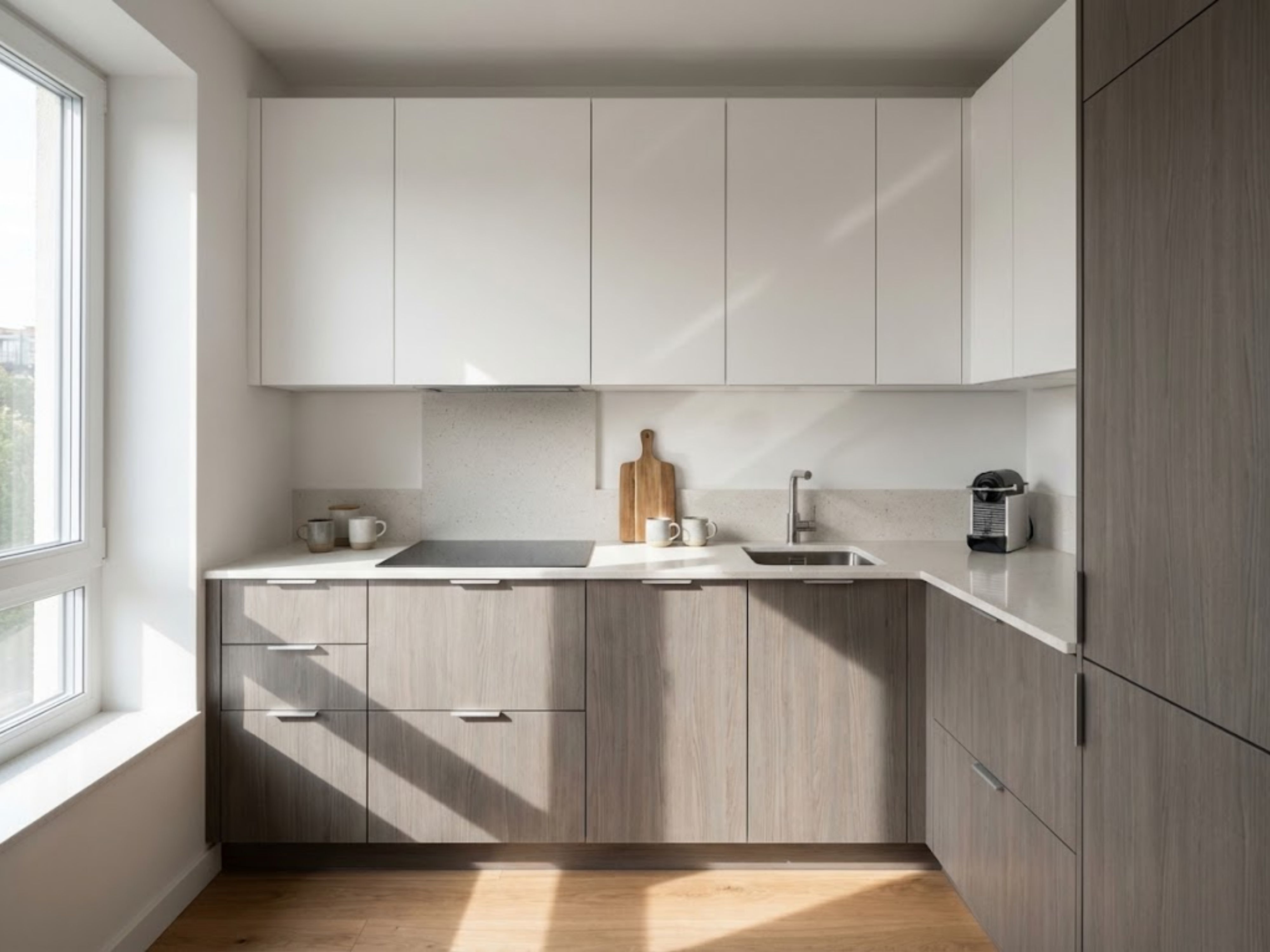 Modern L-shaped kitchen with grey cabinets - Beautiful Homes