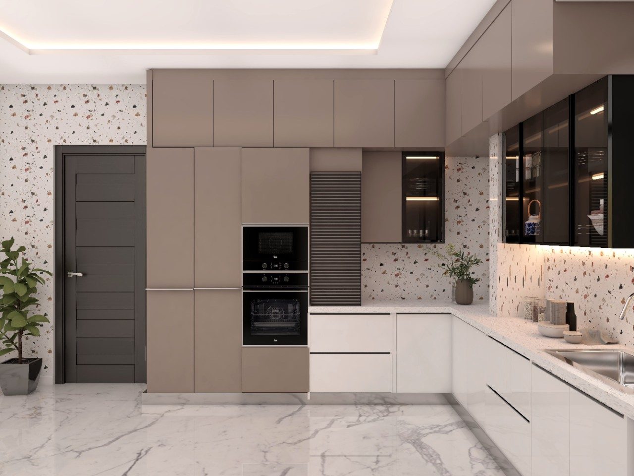 White and brown l-shaped modular kitchen with acrylic cabinets and terrazzo backsplash - Beautiful Homes