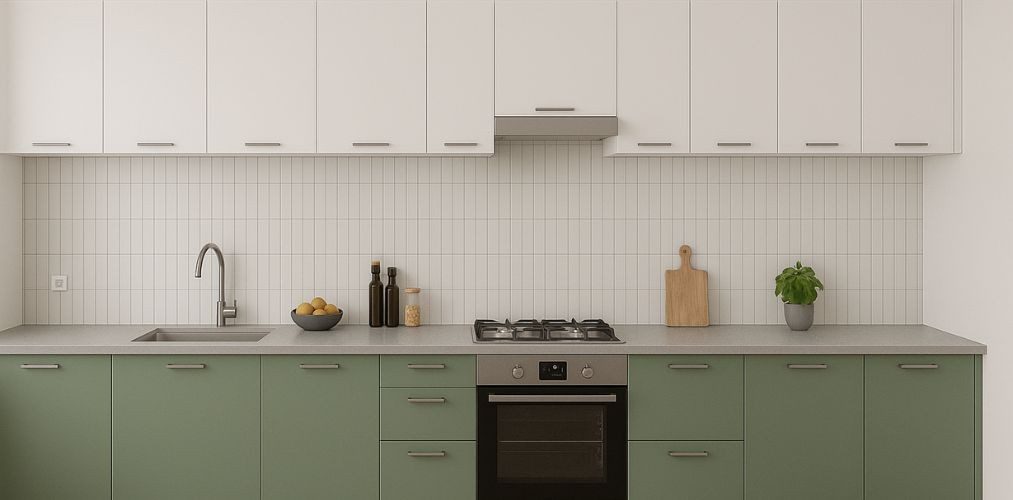 Kitchen with green cabinets and white wall cabinets - Beautiful Homes