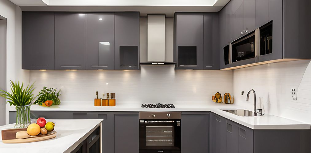 White modular kitchen with grey kitchen cabinets-Beautiful Homes