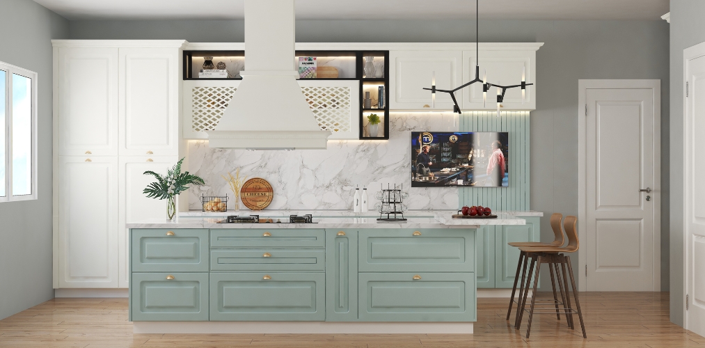 White and mint green traditional kitchen with golden knobs-Beautiful Homes