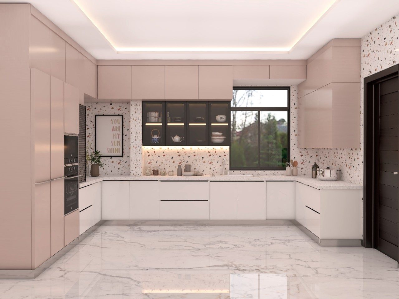 White and pink u-shaped kitchen with acrylic modular cabinets - Beautiful Homes