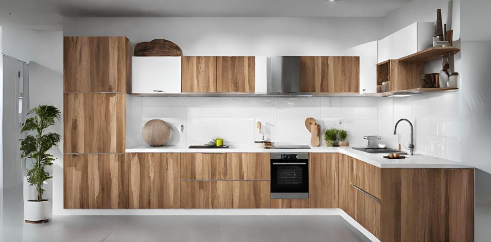 White and wood modular l shaped kitchen - Beautiful Homes