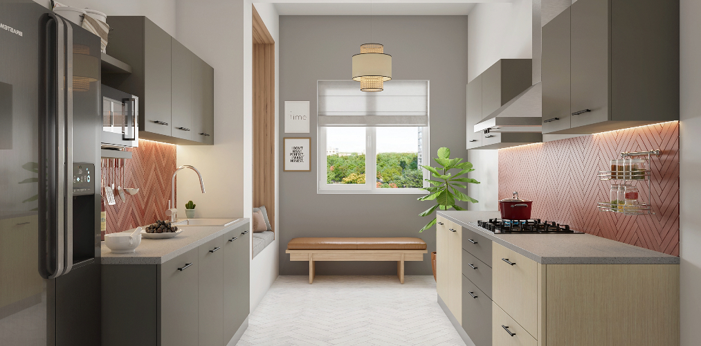 White & grey kitchen cabinets design with herringbone pattern kitchen backsplash-Beautiful Homes