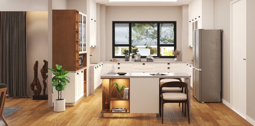 White kitchen design with granite countertop and wooden flooring-Beautiful Homes