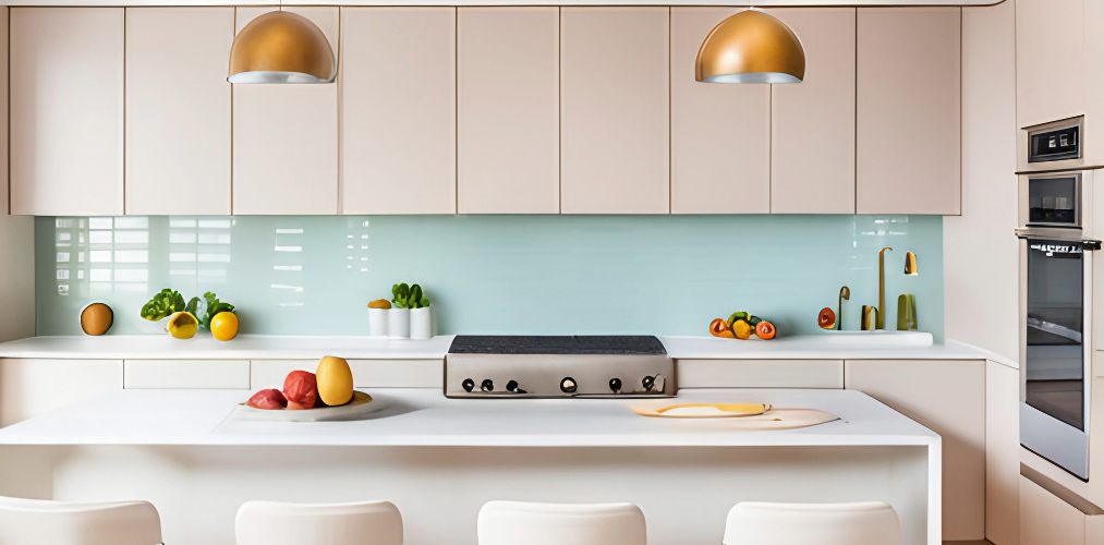 White kitchen design with pastel blue backsplash-Beautiful Homes