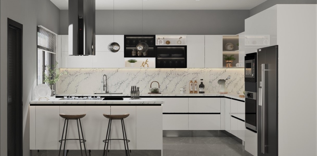 White kitchen with black accents and open shelves-Beautiful Homes
