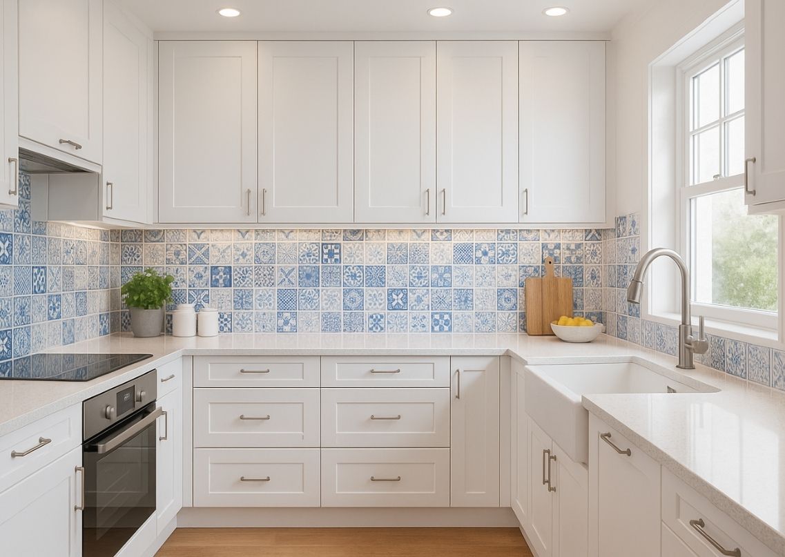Kitchen with blue tiles and white cabinets - Beautiful Homes