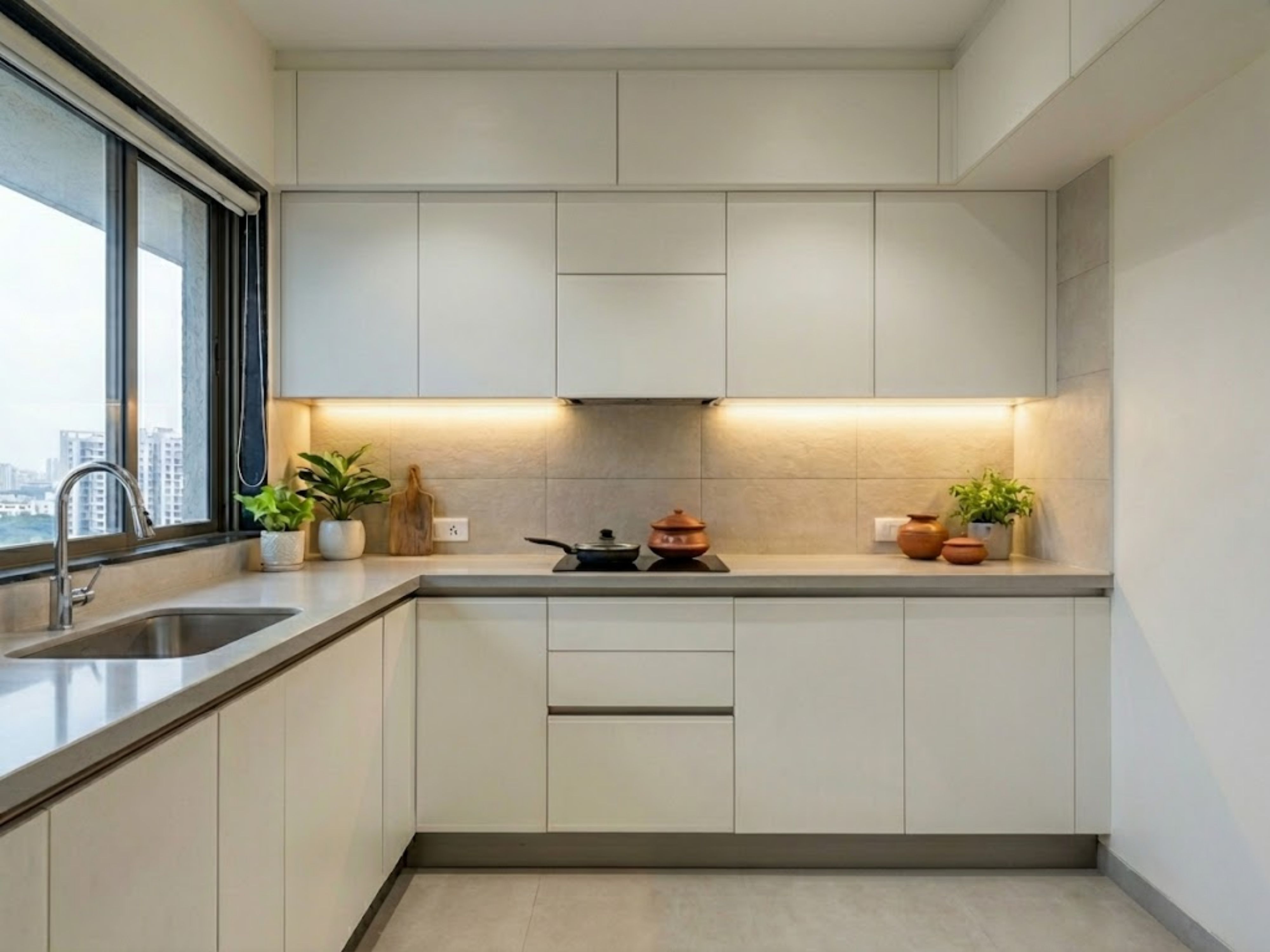 L-shaped modern kitchen with white cabinets and window. - Beautiful Homes
