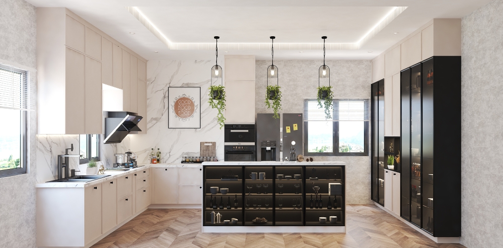 White modular kitchen with black glass cabinets and wooden flooring-Beautiful Homes