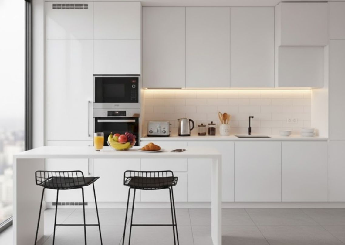 Modern white kitchen with minimalist cabinets - Beautiful Homes