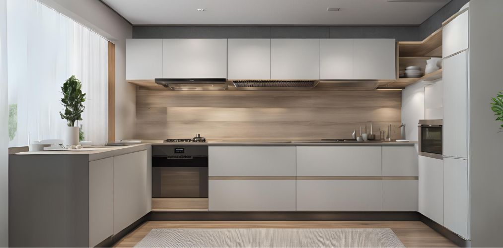 White modular kitchen with wooden backsplash tiles - Beautiful Homes