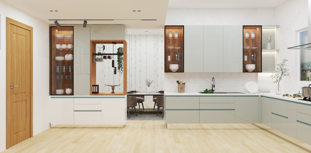 White modular L-shaped kitchen with wooden flooring-Beautiful Homes