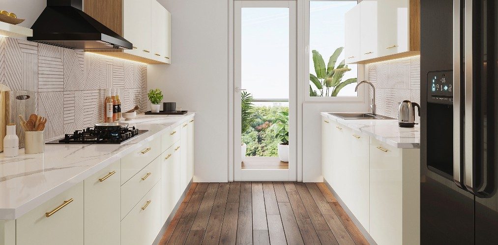 White paralell modular kitchen design with a  double door fridge design & a kitchen balcony-Beautiful Homes